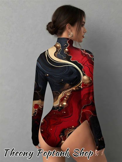 Women's Elegant Marble Red Golden Print Mock Neck Bodysuit - Slim-Fit Long Sleeve Jumpsuit, Red & Golden Marble, Machine Washable, Holiday Wedding Guest Attire, Ultra-Casual Wear - Exclusively Designed for Women