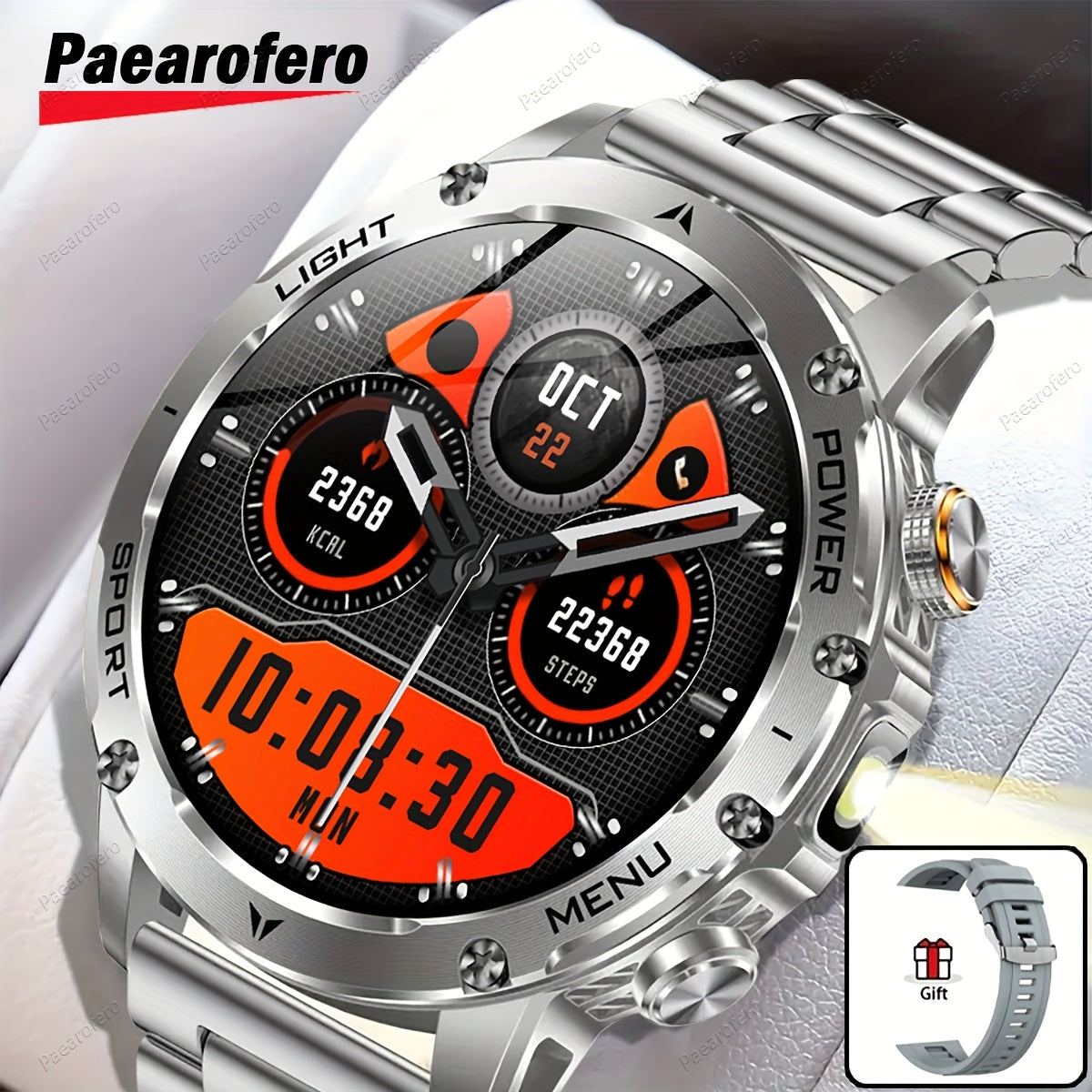 Paearofero 1000mAh Large Battery Outdoor Smartwatch, LED Flashlight, Wireless Calling, Voice Assistant, Multi-Function Reminder, Sports Fitness, 1.7-inch HD Display, Alloy Body, Men'S Smartwatch for iPhone&Android, Holiday Gi