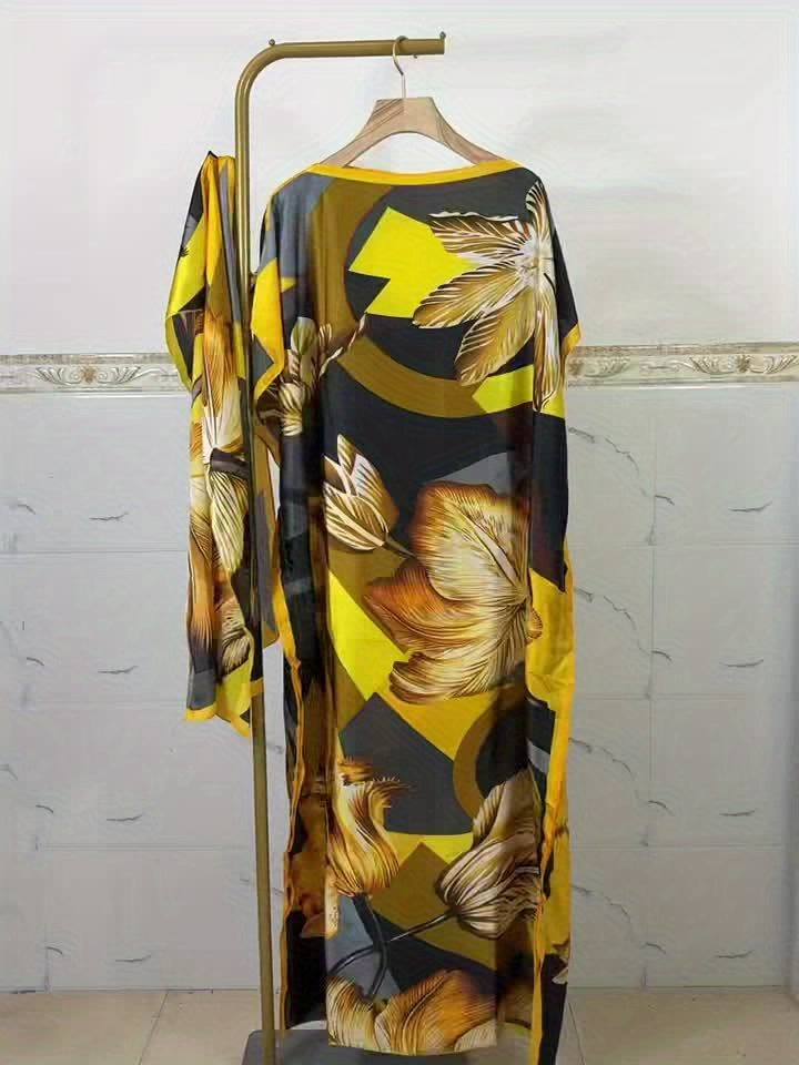 Women'S Plus Size Floral Print Tunic Dress, Polyester 100%, Crew Neck, Batwing Sleeve, Scarf Detail, Loose Fit, Non-Stretch, All-Season, Long Length, Woven, 75g/m², Party Wear