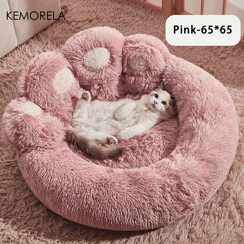 Bear Paw-Shaped Plush Pet Bed with Non-Slip Bottom - KEMORELA - Soft Polyester & Polyester Fiber Fill - Cozy Warm Cat & Dog Bed for Small Pets - Cute Animal-Themed Home Decor - Playful Design