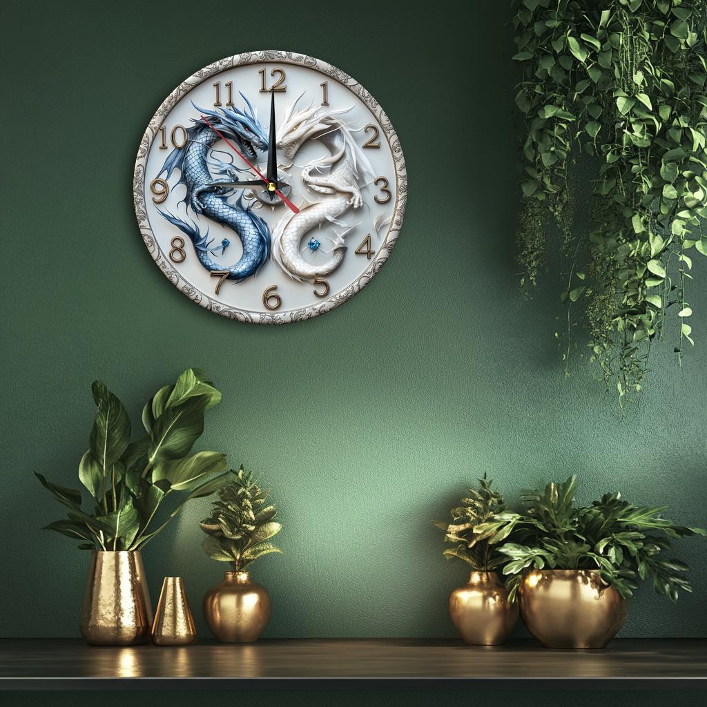Dragon-Themed Silent Wooden Wall Clock, 9.8" Round - Farmhouse Style for Kitchen, Bedroom, Office Decor | Easy to Read, No Ticking Sound | Battery Not Included