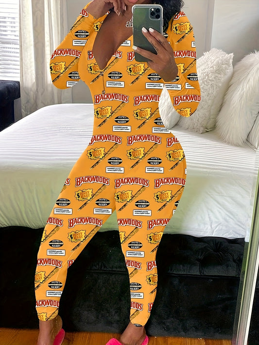 Women'S Sexy Long Sleeve V-Neck Loungewear Jumpsuit - Yellow "Backwoods" Graphic Print, Off-Shoulder Design, High-Waisted Romper for Summer, Comfortable & Stylish Sleepwear, Casual Loungewear | Vneck Jumpsuit | Polyester Blen