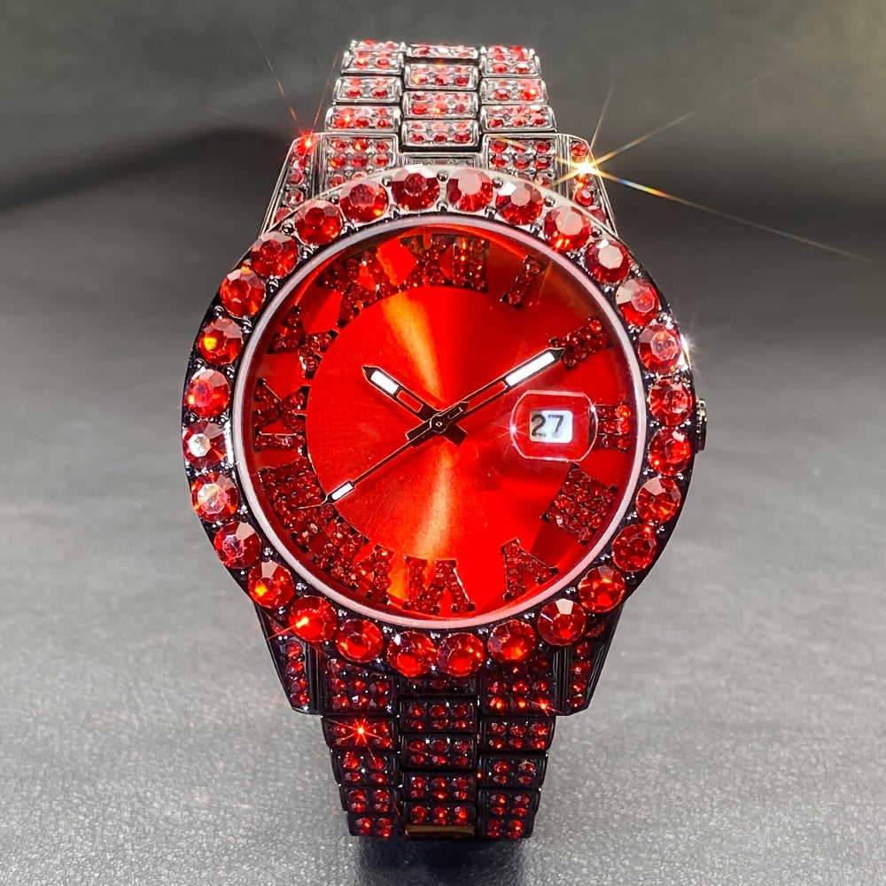 MISSFOX Luxury Rhinestone Couples Watch Compatible for - Ice Blue & Red Luminous Analog/, Calendar Chronograph (No Chronograph), Quartz Movement Wristwatch for Men & Women, Party & Casual Attire - Ideal Gift, Zinc Alloy Case/
