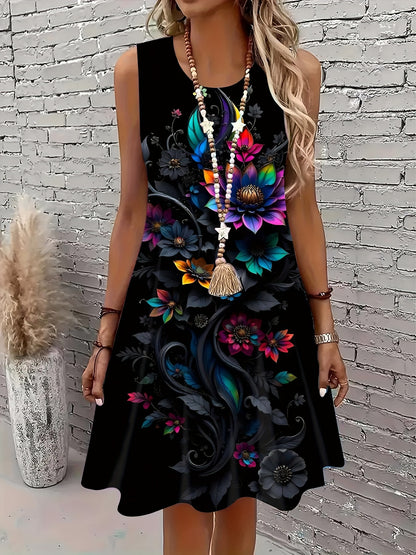 Women'S Retro Elegant Sleeveless Dress | Casual Summer and Spring Short-Sleeve Dress, Lightweight Stretch Fabric, Print Pattern, Crew Neck, Machine Washable, Suitable for Spring, Summer, and Autumn Vacations and Formal Occasi