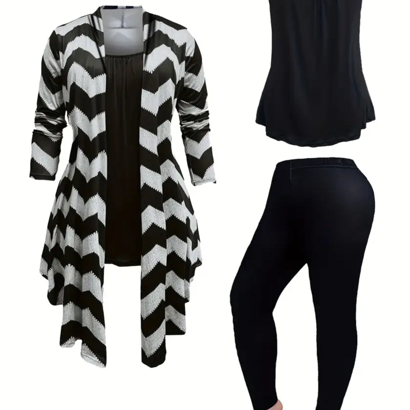 Women's 3pcs Chevron Striped Winter Set - Asymmetric Cardigan, Camisole Top & Leggings Pants | Black & White Contrast Matching Outfit for Fall/Winter, Casual to Dressy Wear, Hand Washable Coordinated Ensemble