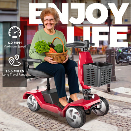 HOMYKING Red Travel-Friendly HOMYKING Foldable 4-Wheel Electric Scooter, 250W Power + Dual Suspension, 15 Miles Range + Front Brake, Detachable Basket + Front Light, for Adults/Elders, 265lbs Capacity, Foldable Scooter, Mobil