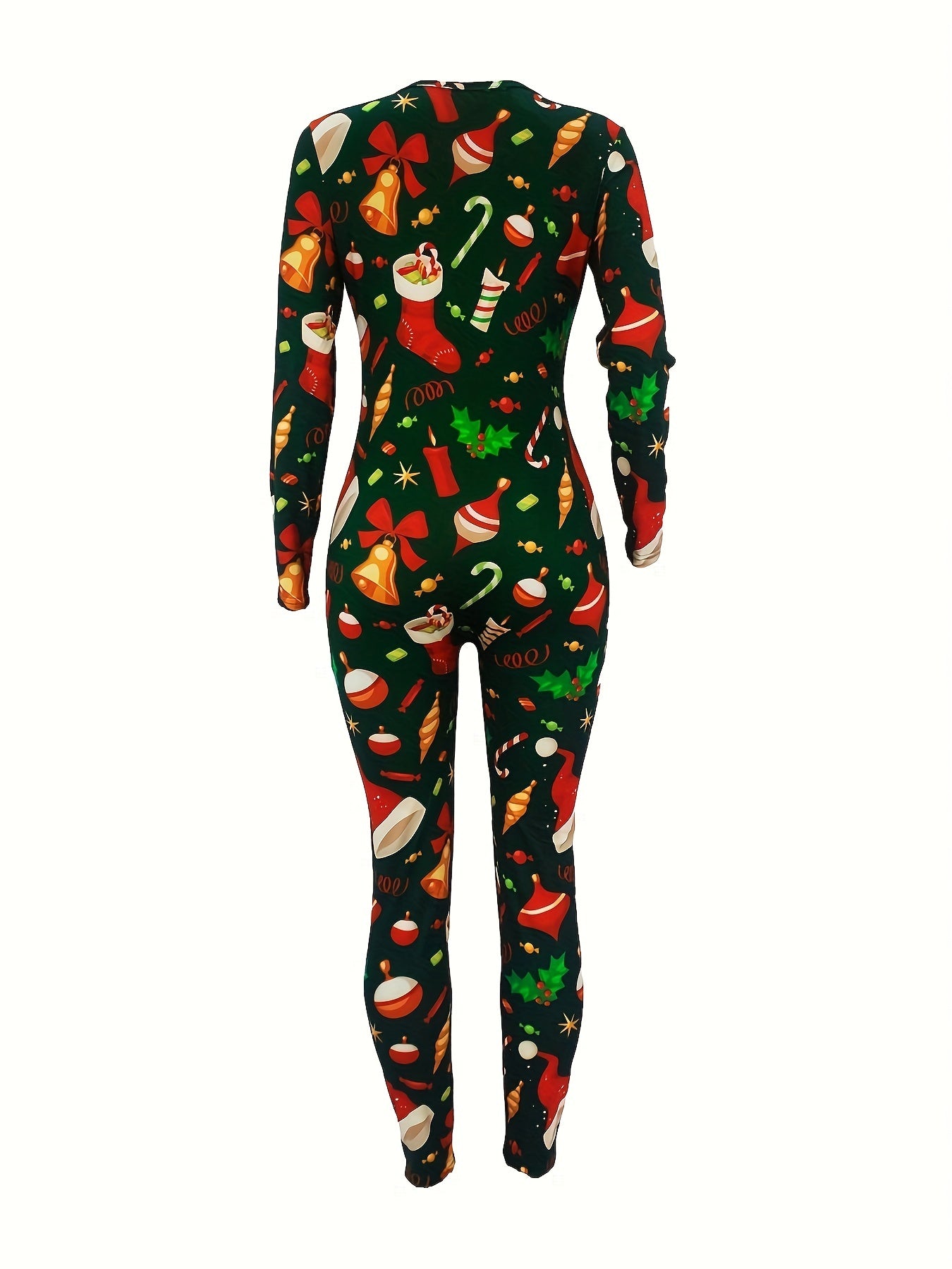 Women'S Christmas Print Lounge Jumpsuit - Sexy Long Sleeve V-Neck Button Front Sleepwear, Vibrant Holiday Design, Lightweight Summer Loungewear for Adults, Christmas Pajamas, Festive Loungewear, Playful Design, Comfortable Fi