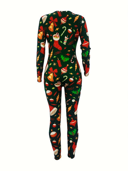 Women'S Christmas Print Lounge Jumpsuit - Sexy Long Sleeve V-Neck Button Front Sleepwear, Vibrant Holiday Design, Lightweight Summer Loungewear for Adults, Christmas Pajamas, Festive Loungewear, Playful Design, Comfortable Fi