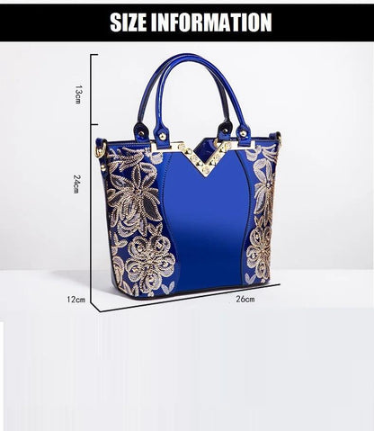 Designer Floral Embroidery Patent Leather Handbag for Women, Large Capacity Shoulder Tote with Zipper Closure, Polyester Lined, Paint Detail, Party Bag