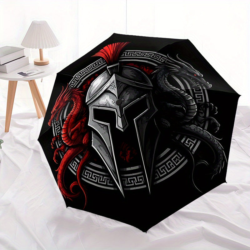 Spartan Warrior 2 Automatic Folding Umbrella - 8-Rib Durable Windproof Design, Portable Travel Umbrella with Red & Black Spartan Warrior Artwork, Ideal Gift for Men, Travel Umbrella, Gift Item, Bold Graphic Design, Sturdy Con