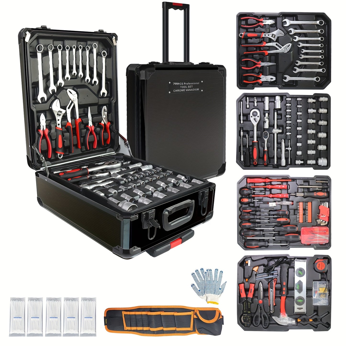 799pcs Men's Tool Set with Rolling Box, Complete Household Tool Kit in Aluminum Trolley Case, Ideal Father's Day Gift, Tool Box, Tool Set, valentines day gift