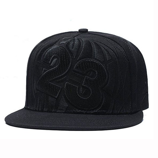 Adjustable Snapback Baseball Cap with Embroidered '23' Design - Breathable Black Hat for Sports, Hip-Hop & Streetwear - Machine Washable, Casual Headwear, Modern Look, Comfortable Fit, Outdoor Headwear, Urban Fashion, Durable