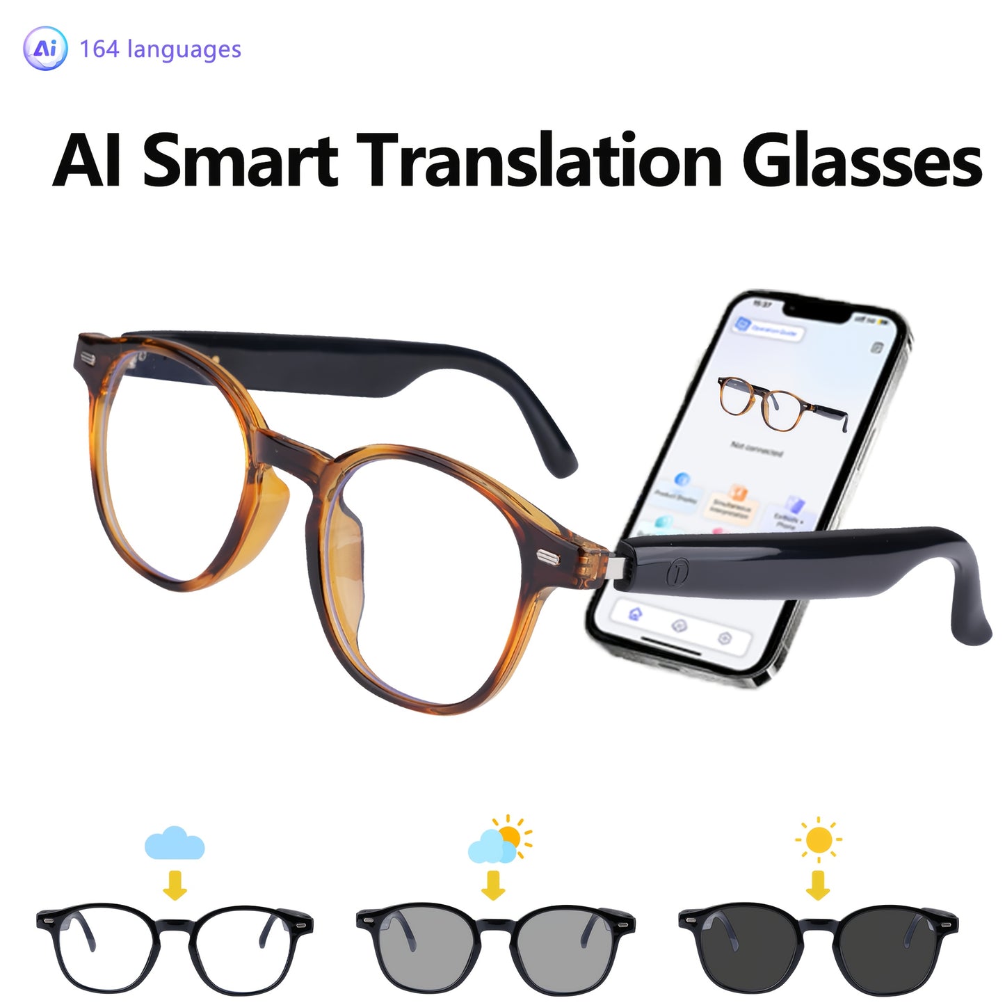 AI Smart Translation Glasses, Supporting 164 Languages, Polarized Lenses, Built-in Microphone Speaker, AI Voice Assistant, Compatible With IOS/Android, Suitable For Both Men And Women, Halloween Gifts
