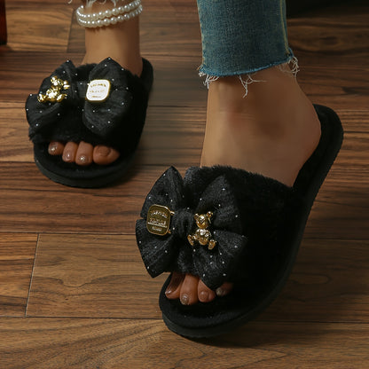 New Style Bear Bow Slippers for Women, Suitable for Spring, Summer, Autumn, And Winter, Featuring Open-Toe Design And Available in Larger Sizes for Indoor Use.
