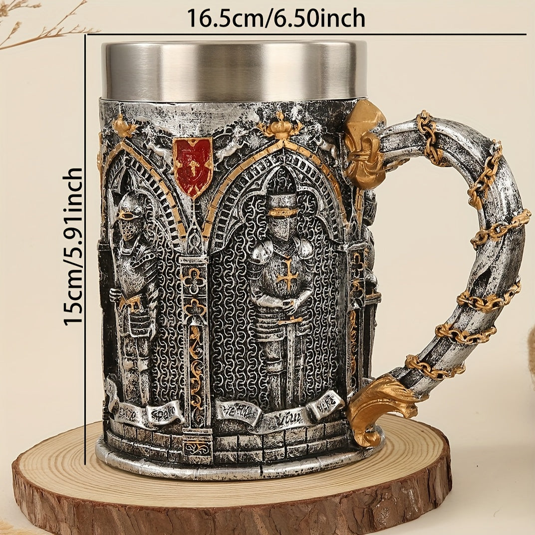 Medieval Knight Stainless Steel Mug with Gothic Castle & Chainmail Design - Heavy-Duty 201 Stainless Steel Cup, Golden ccent Lid & Chain Ring Handle for Renaissance Fairs, Themed Parties, Role-Play Events (Hand Wash Only) - D