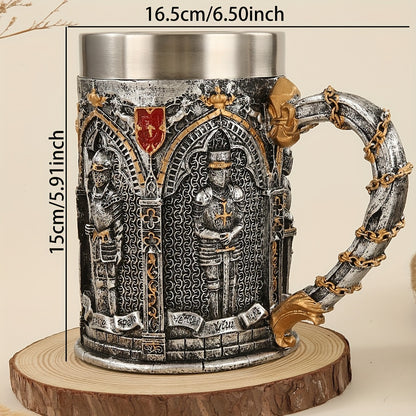 Medieval Knight Stainless Steel Mug with Gothic Castle & Chainmail Design - Heavy-Duty 201 Stainless Steel Cup, Golden ccent Lid & Chain Ring Handle for Renaissance Fairs, Themed Parties, Role-Play Events (Hand Wash Only) - D