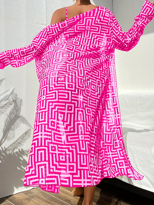 3pcs Set Women's Bikini Set - Geometric Pattern, Sexy Long Sleeve Design, Smooth Polyester Fabric - Medium Stretch, 300g/m² Knit Fabric - Beach Vacation Fashion | Machine Washable | Elegant Shawl Front Cover