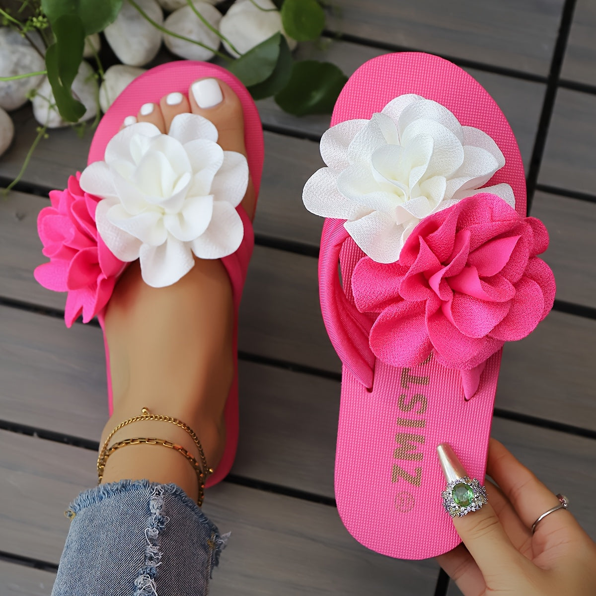Women's Slip-On Floral sandal - Slipresistant Rubber Sole, Pink & Yellow Floral pattern, Cushioned insole - All-Season Beach, Casual, Formal Footwear - Easy-Clean Women's Shoes
