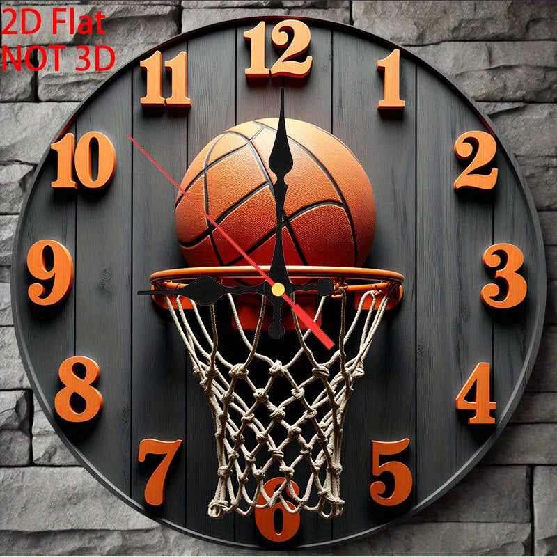 1 wall-mounted clock, 2D flat 10-inch Retro basketball round wooden wall-mounted clock, battery-powered (excluding AA battery), suitable for home, kitchen, swimming pool or bathroom decoration, living room wall-mounted clock,