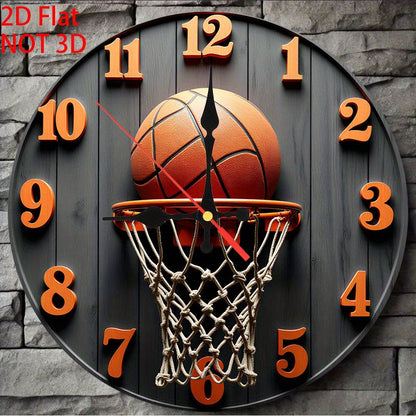 1 wall-mounted clock, 2D flat 10-inch Retro basketball round wooden wall-mounted clock, battery-powered (excluding AA battery), suitable for home, kitchen, swimming pool or bathroom decoration, living room wall-mounted clock,