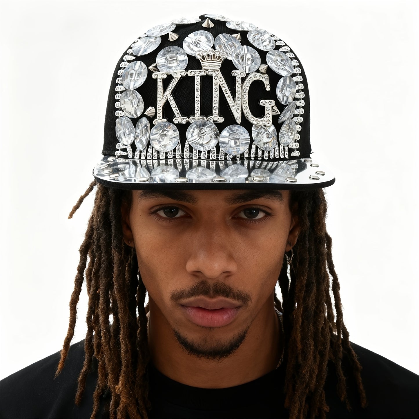 Unisex Stylish Rhinestone "KING" Baseball Cap - Lightweight Polyester, Black with Sparkling Embellishments, Perfect for Casual Outings and Parties, Statement Fashion | Edgy Baseball Cap | Metallic Accents