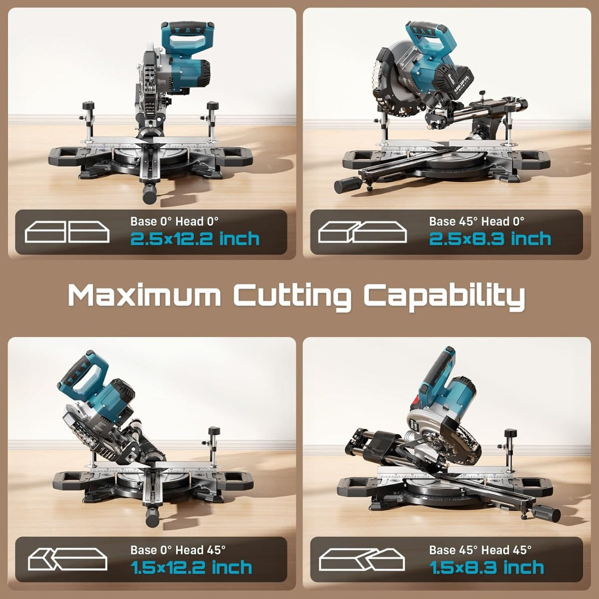 SEESII Sliding Compound Miter Saw: Cordless Electric Miter Saw with Laser Guide, 8-Inch, 2 * 5000mAh Batteries, Single 45° Angle, 24T TCT Blade, Max Cutting 2.5*12 Inches, Perfect for DIY and Woodworking, Miter Saws For Wood
