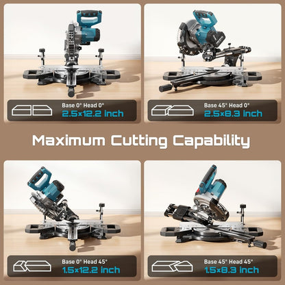 SEESII Sliding Compound Miter Saw: Cordless Electric Miter Saw with Laser Guide, 8-Inch, 2 * 5000mAh Batteries, Single 45° Angle, 24T TCT Blade, Max Cutting 2.5*12 Inches, Perfect for DIY and Woodworking, Miter Saws For Wood