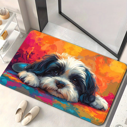1pc Vibrant Shih Tzu Dog Print Door Mat - Non-Slip, Absorbent Microfiber Polyester Rug, Machine Washable for Bathroom, Bedroom, Living Room Entrance, Colorful Abstract Background, Pet Friendly Decor | Vibrant Design | PVC Bac