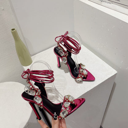 Women'S Rhinestone-Adorned Cross Strap Open-Toe High Heel Sandals - Ultra-High Stiletto Heels, PU Cover Upper & Lining, European & American Style Elegant Party & Formal Dress Shoes with Cushioned Insole, Durable Rubber Sole -