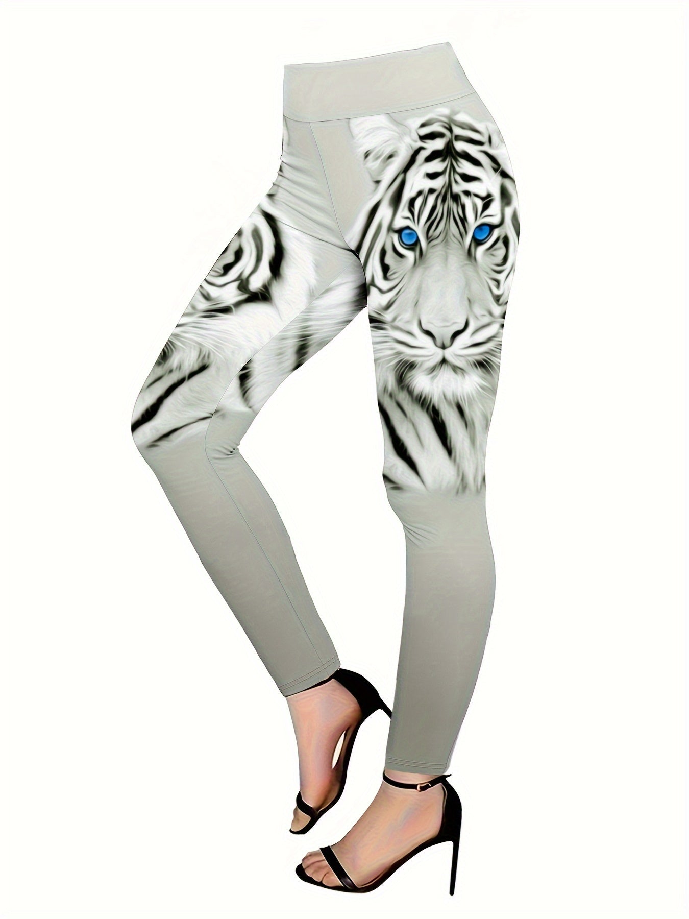 Women'S Tiger Pattern Printed Waist Dress Pants Set Round Neck Long Sleeve Waist Dress And High Waist Pants Base Long Pants Set 2pcs Set