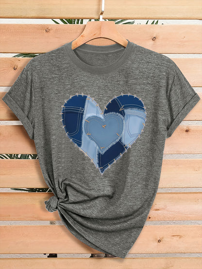 Women'S Fashion Graphic Tee, Theme Party Outfit, Local Warehouse Item, T Shirt For Women, Women Clothing Style, Heart Print Casual Top, Comfortable Blend Fabric, Breathable, All-season, Crew Neck, Short Sleeve, Machine Washab
