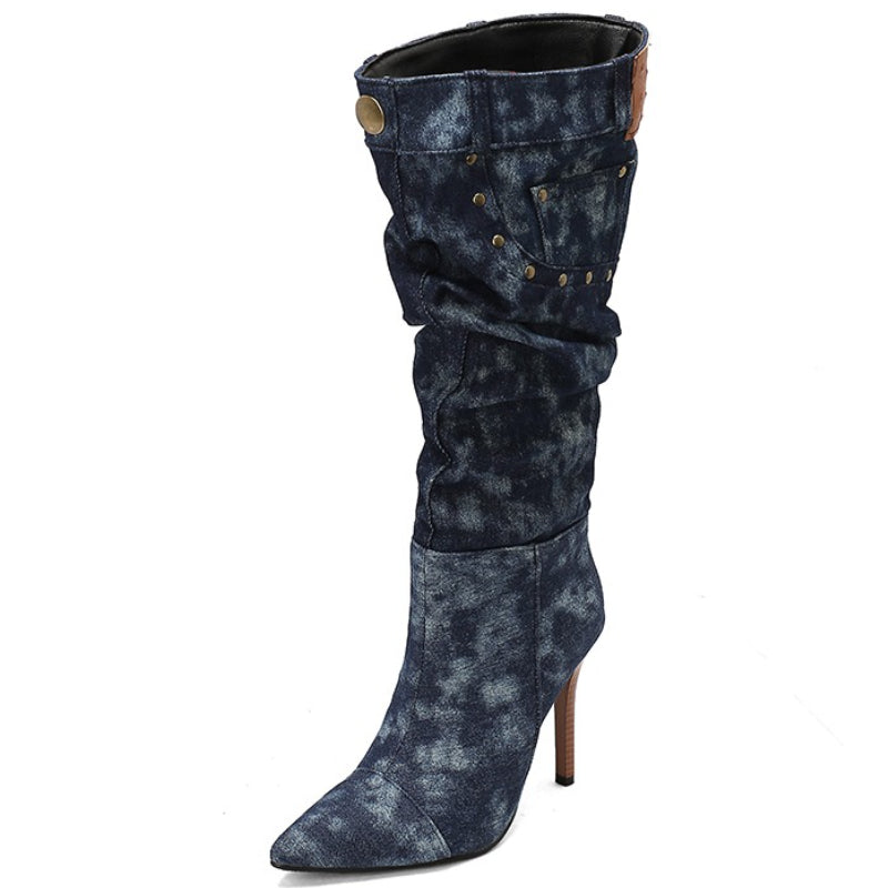 Women'S PU Cover Knee-High Boots with Studded Stiletto Heel, Pointed Toe & Slouchy Half-Zipper Closure - Ruched High Heel, Calf-to-Knee Length, Durable Rubber Sole - Versatile Western to Modern Booties for Casual to Formal Ev