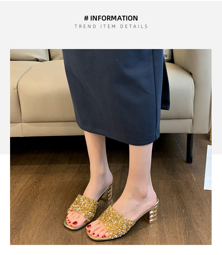 Women'S Chunky Heel Sandals - Slip-On Open-Toe High Heels with Ankle Strap, Golden Glamorous Party Shoes for Formal Events, Weddings, Nightouts - Cushioned Insole & Non-Slip PVC Sole - Available in Wide Widths (Women'S Summer