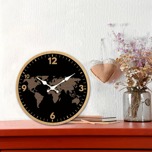 1pc Round Clock, World Map Themed Design Wall Clock, Silent Quartz Wooden Clock, Suitable for Bedroom Living Room Office Kitchen Bathroom, Battery Powered (Batteries Not Included)