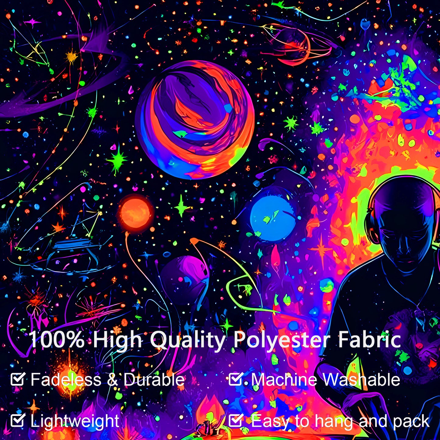 1pc Neon Glow-in-the-Dark DJ-Themed Tapestry - UV Light Reactive Fabric - Large Horizontal Wall Hanging with Neon Glow-in-the-Dark DJ & DJ Equipment Design for Bedroom, Party Decor, Home Entertainment - No Installation Needed