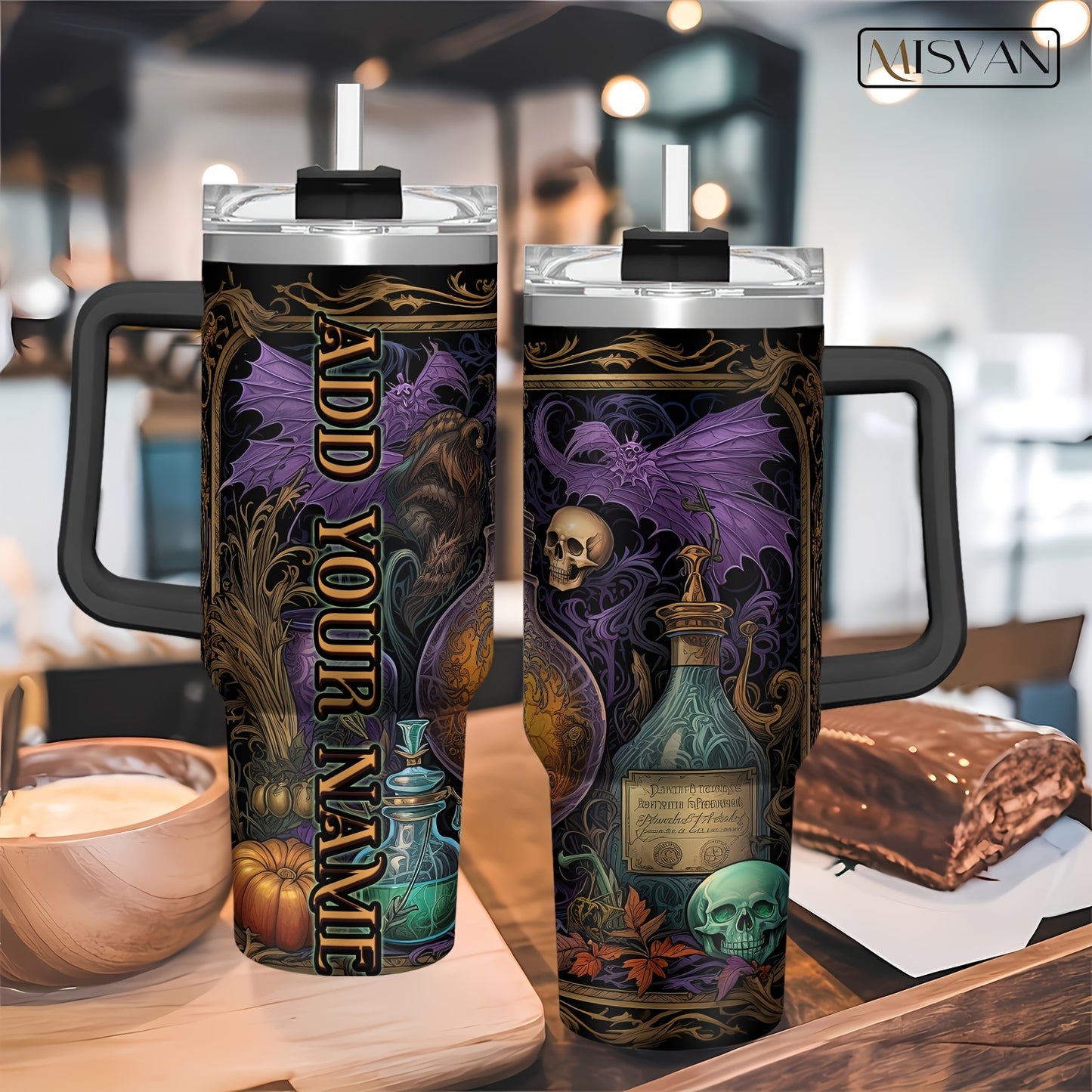 1pc MISVAN Magic Potion-Themed Tumbler with Your Name/Text - Double-Wall Vacuum Insulated Stainless, Straw & Handle, Travel Mug Suitable for Adults, Ideal for Christmas, Halloween Gifts, Magic-Themed Drinkware