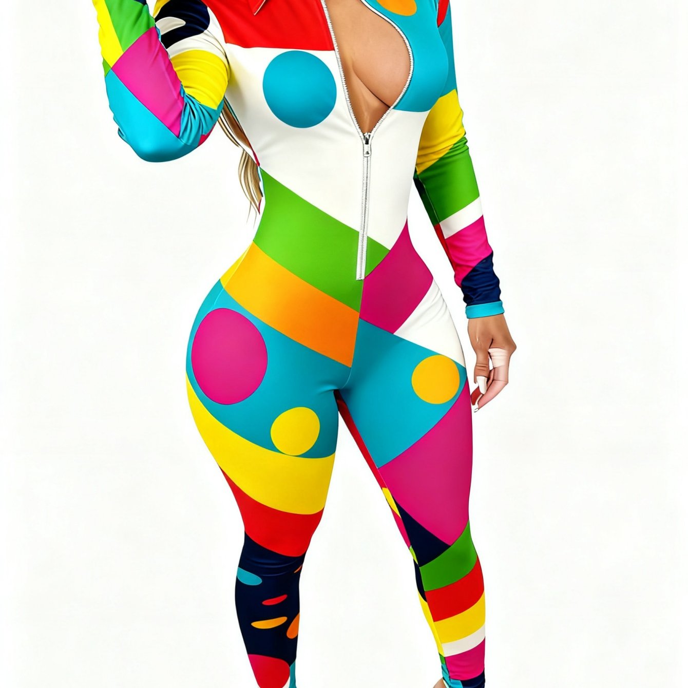 Women's Elegant Sexy Full-Body Print Jumpsuit - Long Sleeve Collar Zipper Front -Pant Outfit, All-Season Party Wedding Guest Special Occasion Attire, Machine Washable