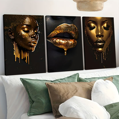 3pcs inset wood framed canvas paintings Golden and black portrait with bold lipshome decor and accessorie