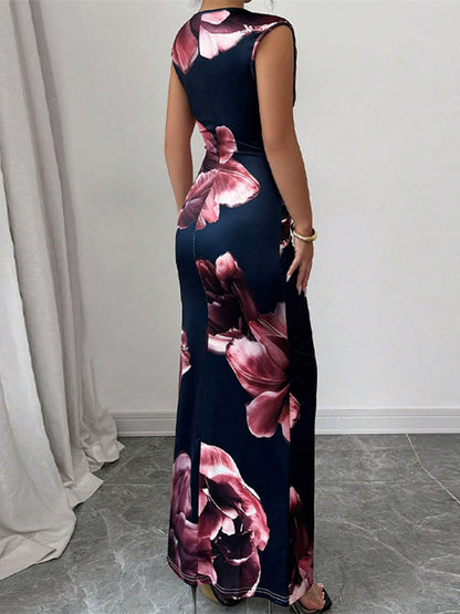 Floral Print Sleeveless Round Neck Long Dress for Women, Slim Fit, Perfect for Autumn Parties