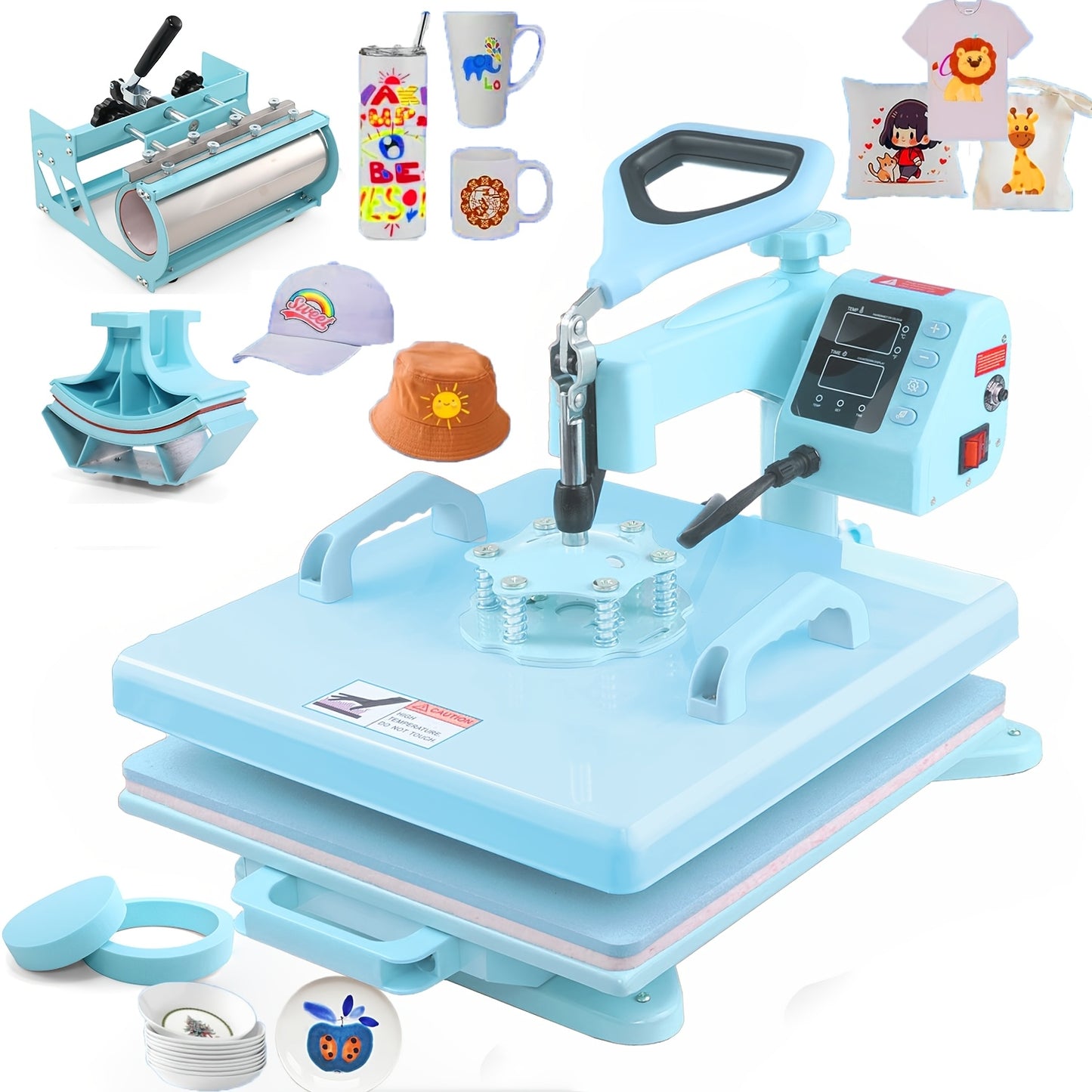 15x15 Inch 5-in-1 Set Heat Press Machine for Everything Transfers, Swing Away Press Machine for T Shirt, Bags, Pillows, Plates(6" And 8"), Tumblers, Mugs, Cups, Hats And Caps(5.5"x3") - Hat Heat Press - 3in 1 Can Only Press H