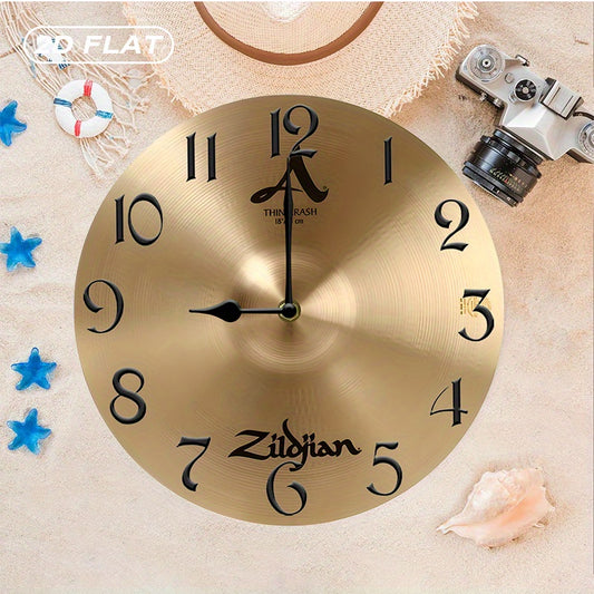 1pc Vintage Drum Plate design - Golden Brown face & black hour markers, Silent Quartz Movement Non-Ticking Wall Clock - Farmhouse Decor for Living Room, Kitchen, Office, Bedroom - Battery-Powered Wooden Clock (AA Battery Not