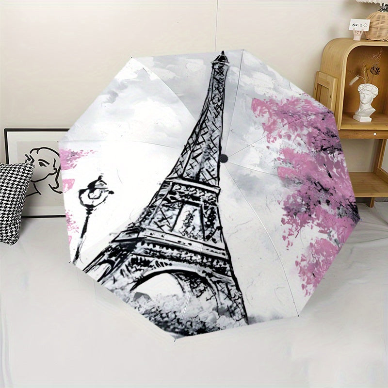 Automatic Open/Close Umbrella with Eiffel Tower Design - Parisian Landmark Pattern in Black/White/Pink/, Compact Folding Parasol with 8-Rib Sturdy Frame, Auto Umbrella for Travel, Everyday & Special Events - Ideal French Trav