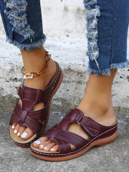 Women's Solid Color Platform Sandals, Slip On Cross Straps Casual Wedge Retro Shoes, Summer Versatile & Comfy Shoes
