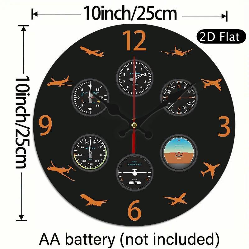 1pc 10 Inch Aviation Pilot Wall Clock with Flight Instrument Design - Silent Non-Ticking Modern Black & Orange Airplane Speed, Altitude, Heading, Vertical Speed dials - Easy-to-Read Black Face & White Hands - Ideal for Home,