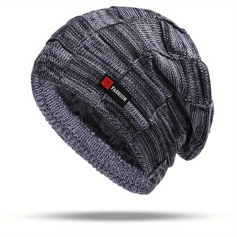 Men's Black Cable-Knit Winter Hat with Ear Flaps & Red Label-Like Patch - Soft Warm Beanie for Cold Weather, Durable Textile Material, Versatile for Sports & Everyday Use - Ideal Gift for Men (Hand Wash/Dry Clean)