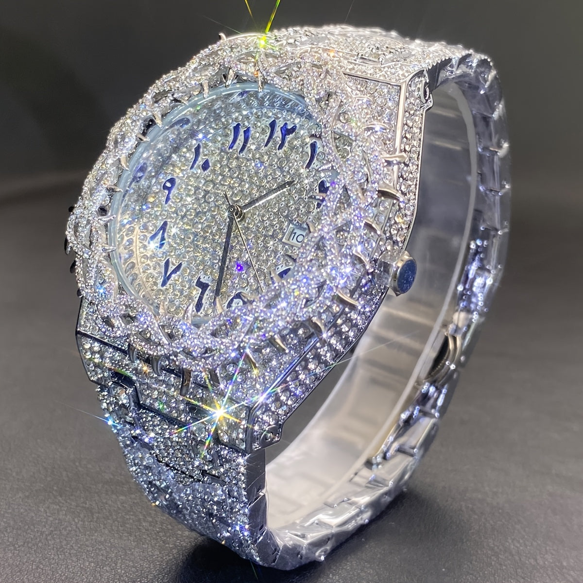 Men'S & Women'S Luxury Rhinestone-Encrusted Large Square Face Watch - Sparkling Mesh Inlaid Dial, High Quality Quartz Movement, Alloy Band with -Accented Bezel - Unisex Party & Everyday Watch for Men & Women, Statement Jewelr