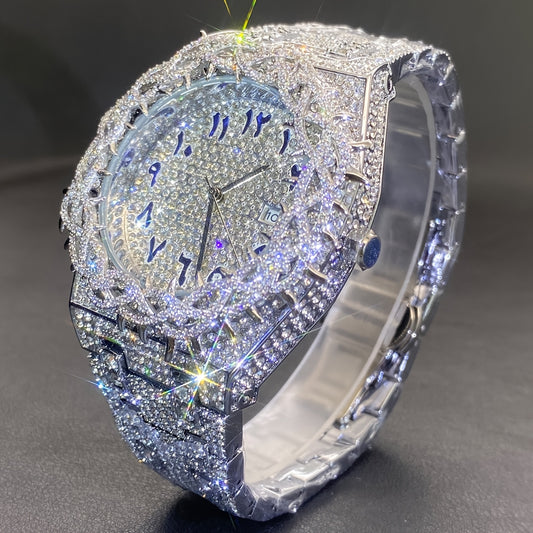 Men'S & Women'S Luxury Rhinestone-Encrusted Large Square Face Watch - Sparkling Mesh Inlaid Dial, High Quality Quartz Movement, Alloy Band with -Accented Bezel - Unisex Party & Everyday Watch for Men & Women, Statement Jewelr