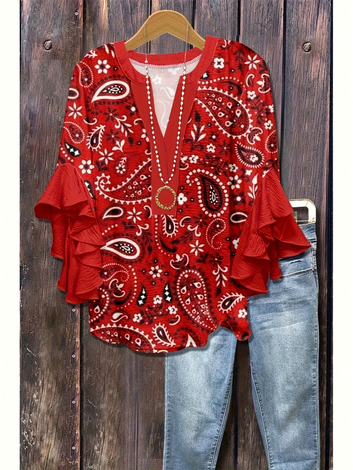 Plus Size - Plus-Size Women'S Paisley Print Ruffled Sleeve Stylish Casual Round Neck Autumn Shirt
