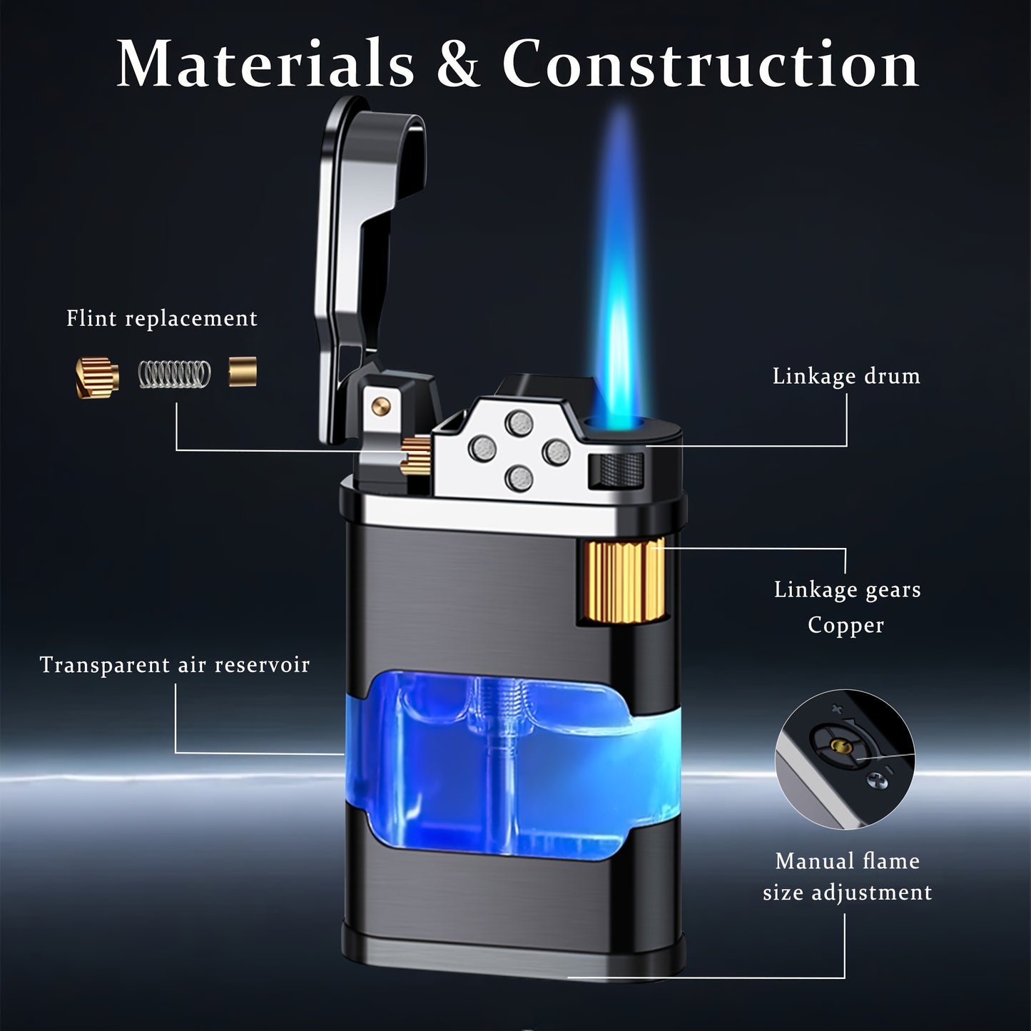 Windproof Blue Flame Butane Lighter with Transparent Gas Chamber & Wheel Ignition - Ergonomic Outdoor Lighter for Camping, Hiking, Candles - Durable Metal Construction, Perfect Gift for Dad, Boyfriend (No Butane Gas Included)