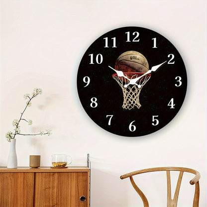 1x 10 Inch Basketball-Themed Wall Clock with Silent Sweep Movement - Black & Golden Sports Decor, Hoop & Number 30 Design (Basketball Fans), Artificial Wood Frame - Easy-to-Read White Hands, AA Batteries Not Included - Perfec